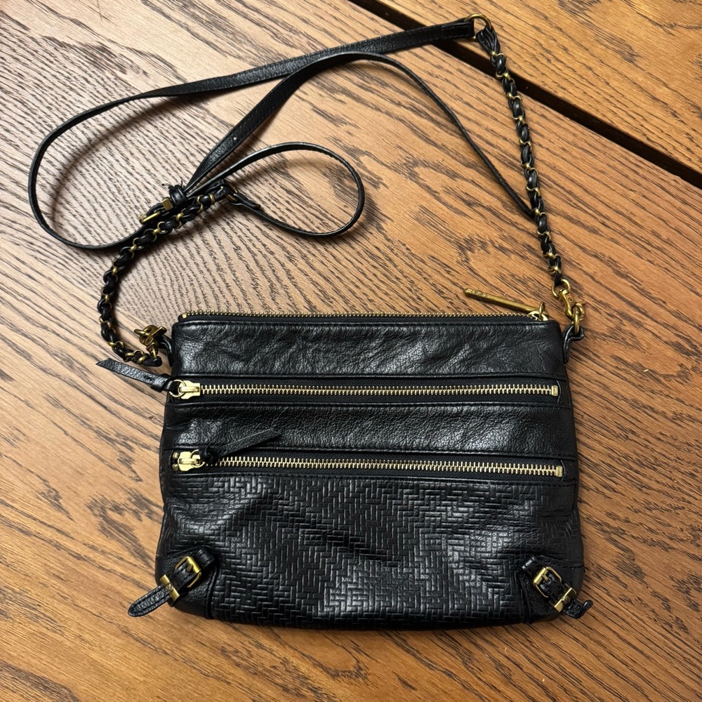 Elliott Lucca Black Leather Crossbody Bag with Gold Accents Western Moto Zipper